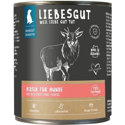 Liebesgut Hundenassfutter Sensitiv Hirsch mit Bio-Obst und Bio-Hirse 6x800g Liebesgut Hundenassfutter Sensitiv Hirsch mit Bio-Obst und Bio-Hirse 6x800g