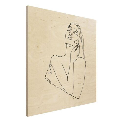 Holzbild Portrait - Quadrat Line Art Frau Oberkörper Schwarz Weiß