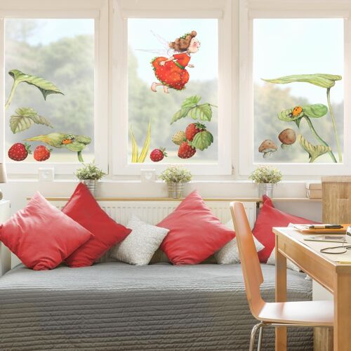 Fensteraufkleber Erdbeerinchen Erdbeerfee - Blätter und Erdbeeren