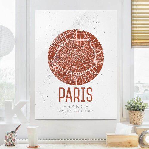 Glasbild Stadtplan - Hochformat Stadtplan Paris - Retro