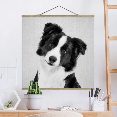 Stoffbild mit Posterleisten Bordercollie Benni Schwarz Weiß