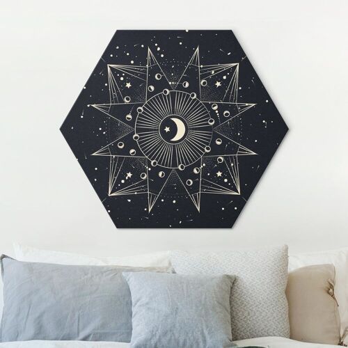 Hexagon-Alu-Dibond Bild Astrologie Mond Magie Blau Gold
