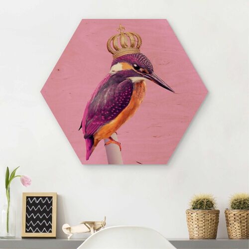 Hexagon-Holzbild Tiere Rosa Eisvogel mit Krone