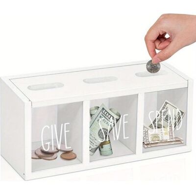Bellerise – Spardose Mit Drei Fächern – Transparente Spardose Mit Den Aufschriften „spenden“, „sparen“ Und „ausgeben“ – Weiß Bellerise – Spardose Mit Drei Fächern – Transparente Spardose Mit Den Aufschriften „spenden“, „sparen“ Und „ausgeben“ – Weiß