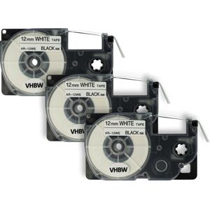 VHBW 3 x Kassette Patronen Schriftband 12mm kompatibel mit Casio CW-L300, KL-100E, KL-120, KL-1500, KL-200E, KL-300 Ersatz für Casio XR-12WE1, XR-12WE.