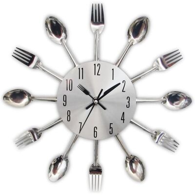 HOTEEL Küchenuhr Mit Spiegeleffekt, Inklusive Löffel, Gabel Und Abnehmbarem 3d-aufkleber Zur Dekoration, 32 X 32 X 1,5 Cm, Silberfarbenes Metallic. HOTEEL Küchenuhr Mit Spiegeleffekt, Inklusive Löffel, Gabel Und Abnehmbarem 3d-aufkleber Zur Dekoration, 32 X 32 X 1,5 Cm, Silberfarbenes Metallic.