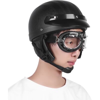 HEAT Unisex Motorradhelm Aus Pu-leder, Schwarz, Mit Schutzbrille, Einheitsgröße HEAT Unisex Motorradhelm Aus Pu-leder, Schwarz, Mit Schutzbrille, Einheitsgröße
