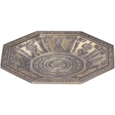 HEAT Cyanfarbene, Achteckige Opferplatte Für Buddhistische Rituale, Symbol Der 8 Auspizien, Kultgegenstand Für Feueropfer. HEAT Cyanfarbene, Achteckige Opferplatte Für Buddhistische Rituale, Symbol Der 8 Auspizien, Kultgegenstand Für Feueropfer.
