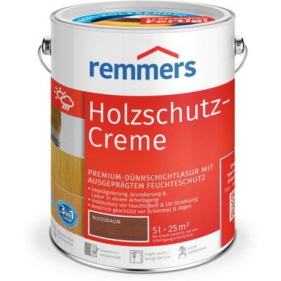 Holzschutz-creme 3in1 Nussbaum, 5 Liter, Tropffreie Holzlasur Für Aussen, 3facher Holzschutz Mit Imprägnierung + Grundierung + Lasur - Remmers Holzschutz-creme 3in1 Nussbaum, 5 Liter, Tropffreie Holzlasur Für Aussen, 3facher Holzschutz Mit Imprägnierung + Grundierung + Lasur - Remmers
