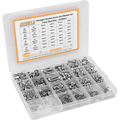 HEAT 1220-teiliges Sortiment An Schrauben, Muttern Und Unterlegscheiben, M2, M3, M4, M5, Rundkopf, Innensechskant, Edelstahl HEAT 1220-teiliges Sortiment An Schrauben, Muttern Und Unterlegscheiben, M2, M3, M4, M5, Rundkopf, Innensechskant, Edelstahl
