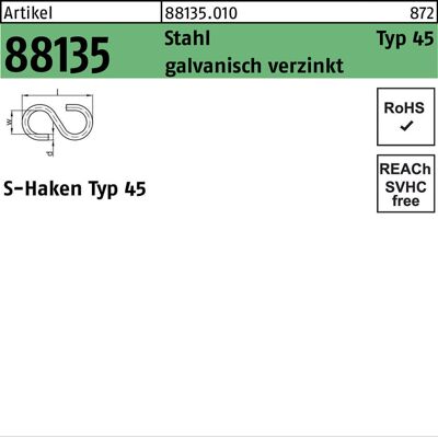 OEM S-haken R 88135 Typ 45 80 X 22 X 7,6 Stahl Galvanisch Verzinkt OEM S-haken R 88135 Typ 45 80 X 22 X 7,6 Stahl Galvanisch Verzinkt