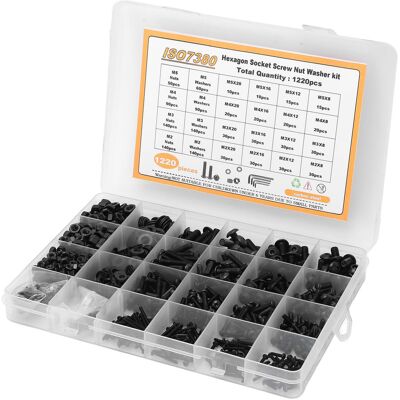 HEAT 1220-teiliges Schrauben-, Muttern- Und Unterlegscheiben-set Aus Kohlenstoffstahl, M2, M3, M4, M5, Halbrundkopf-innensechskantschrauben, Muttern, Unterlegscheiben HEAT 1220-teiliges Schrauben-, Muttern- Und Unterlegscheiben-set Aus Kohlenstoffstahl, M2, M3, M4, M5, Halbrundkopf-innensechskantschrauben, Muttern, Unterlegscheiben