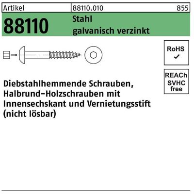 REYHER Diebstahlhemmende Halbrund-holzbauschraube 10x100 Stahl Galvanisch Verzinkt M. Vernietungsstift 50 Stk REYHER Diebstahlhemmende Halbrund-holzbauschraube 10x100 Stahl Galvanisch Verzinkt M. Vernietungsstift 50 Stk