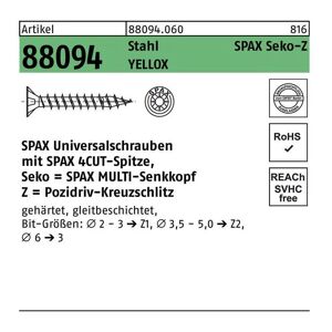 Spax - Schraube r 88094 Senkkopf m.Spitze/Kreuzschl.-PZ 4 x 60/50-Z Stahl galvanisch verzinkt gelb