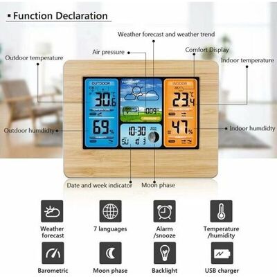 DYIKITI Drahtlose Wetterstation Mit Digitaler Farbanzeige Für Wettervorhersage, Warnmeldungen Und Anzeige Von Temperatur, Luftfeuchtigkeit, Barometer, Wecker, Mondphasenanzeige Und Wetter Mit Außensensor DYIKITI Drahtlose Wetterstation Mit Digitaler Farbanzeige Für Wettervorhersage, Warnmeldungen Und Anzeige Von Temperatur, Luftfeuchtigkeit, Barometer, Wecker, Mondphasenanzeige Und Wetter Mit Außensensor