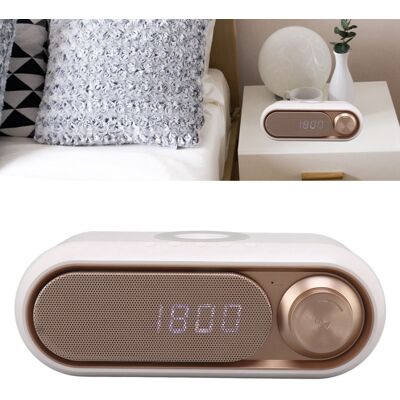 JUTE Led-uhr, Wecker, Fm-radio, Tf-kartensteckplatz, Multifunktionaler Bluetooth-lautsprecher Mit Kabellosem Ladegerät, Weiß-goldene Sprühlackierung, 10 W. JUTE Led-uhr, Wecker, Fm-radio, Tf-kartensteckplatz, Multifunktionaler Bluetooth-lautsprecher Mit Kabellosem Ladegerät, Weiß-goldene Sprühlackierung, 10 W.