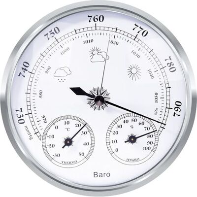 OEM Analoge Wetterstation - Analoge Wetterstation Für Den Innen- Und Außenbereich - Bestehend Aus Barometer, Thermometer Und Hygrometer (silber, 128 Mm) OEM Analoge Wetterstation - Analoge Wetterstation Für Den Innen- Und Außenbereich - Bestehend Aus Barometer, Thermometer Und Hygrometer (silber, 128 Mm)