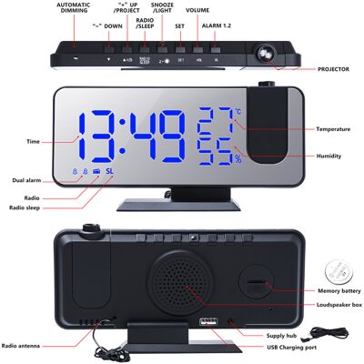 HEAT Led-digitalwecker, Digitalprojektor, Radiowecker, Wecker Mit Verstellbarem Spiegel, Trendiges Design HEAT Led-digitalwecker, Digitalprojektor, Radiowecker, Wecker Mit Verstellbarem Spiegel, Trendiges Design