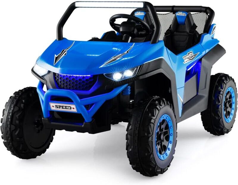 2 Sitzer Kinderauto mit 2,4G Fernbedienung, 12V Kinder utv mit Musik und Scheinwerfer, Jeep Auto 2-4 km/h, für Kinder ab 3 Jahren Blau - Costway