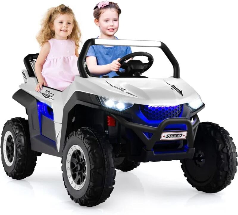 2 Sitzer Kinderauto mit 2,4G Fernbedienung, 12V Kinder utv mit Musik und Scheinwerfer, Jeep Auto 2-4 km/h, für Kinder ab 3 Jahren Weiß - Costway