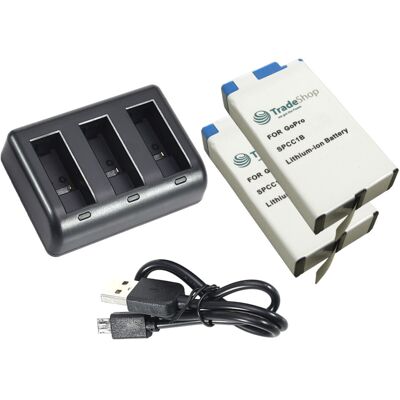 Trade-shop - 3-fach Ladegerät + 2x Akku 1650mah Für Gopro Max Kamera Inkl. Micro-usb Kabel - Ersetzt Spcc1b, Acbat-001, Bc-gp7c - Ladestation Ladekabel Trade-shop - 3-fach Ladegerät + 2x Akku 1650mah Für Gopro Max Kamera Inkl. Micro-usb Kabel - Ersetzt Spcc1b, Acbat-001, Bc-gp7c - Ladestation Ladekabel