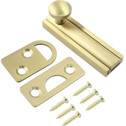 ZOLGINAH Set bestehend aus 1 massivem Messing-Aufputzriegel, 5,1 cm, gebürstetem Gold-Schieberiegel, robustem französischen Türschloss für Einstecktüren,