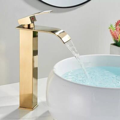 OEM Goldene Waschbeckenarmatur Im Wasserfall-design – Hoher Auslauf – Warm- Und Kaltwasser – Verstellbar – Edelstahl – Wassersparend OEM Goldene Waschbeckenarmatur Im Wasserfall-design – Hoher Auslauf – Warm- Und Kaltwasser – Verstellbar – Edelstahl – Wassersparend