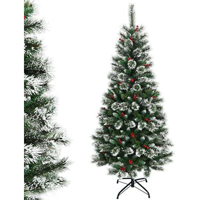 Sapin De Noël Artificiel 180cm Avec Flocons De Neige Avec Baies Rouges Dense,base En Métal 100% Pvc Décoration De Vacances - Costway Sapin De Noël Artificiel 180cm Avec Flocons De Neige Avec Baies Rouges Dense,base En Métal 100% Pvc Décoration De Vacances - Costway