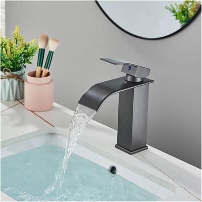 OEM Graue Waschbeckenarmatur Im Wasserfall-stil, Ultradünner Auslauf, Auslaufhöhe 11,5 Cm, Zweiregler Für Warm- Und Kaltwasser, Material: Edelstahl. OEM Graue Waschbeckenarmatur Im Wasserfall-stil, Ultradünner Auslauf, Auslaufhöhe 11,5 Cm, Zweiregler Für Warm- Und Kaltwasser, Material: Edelstahl.