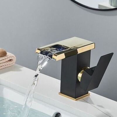 OEM Led-wasserfall-waschtischarmatur, Ausführung In Schwarz Und Goldmessing, Universelle Montage, Temperaturabhängiges Farbwechselsystem OEM Led-wasserfall-waschtischarmatur, Ausführung In Schwarz Und Goldmessing, Universelle Montage, Temperaturabhängiges Farbwechselsystem