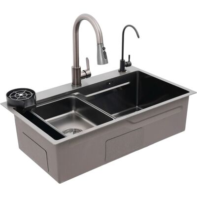 SENDERPICK Küchenspüle, Tiefschwarze Einbauspüle Mit Teleskoparmatur, Spülbecken Und Seifenspender, Aus Edelstahl, 75 X 45 X 22 Cm SENDERPICK Küchenspüle, Tiefschwarze Einbauspüle Mit Teleskoparmatur, Spülbecken Und Seifenspender, Aus Edelstahl, 75 X 45 X 22 Cm
