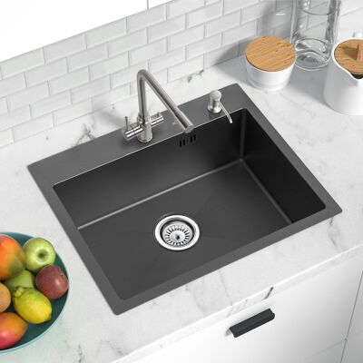 Spülbecken Rechteckig Mit Seifenspender, Edelstahl Einbauspüle 55 X 45cm Küchenspüle Ab 60er Unterschrank Inkl. Ablaufgarnitur, Schwarzgrau - Auralum Spülbecken Rechteckig Mit Seifenspender, Edelstahl Einbauspüle 55 X 45cm Küchenspüle Ab 60er Unterschrank Inkl. Ablaufgarnitur, Schwarzgrau - Auralum