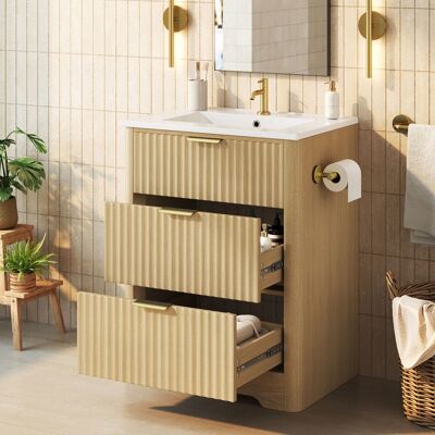 SANS MARQUE 61 Cm Freistehender Waschtischunterschrank In Holzoptik Mit Keramischem Waschbecken, Stauschubladen, Beidseitig Montierbarem Toilettenpapierhalter, Goldenen Griffen, Ohne Wasserhahn – Der Toilettenpap SANS MARQUE 61 Cm Freistehender Waschtischunterschrank In Holzoptik Mit Keramischem Waschbecken, Stauschubladen, Beidseitig Montierbarem Toilettenpapierhalter, Goldenen Griffen, Ohne Wasserhahn – Der Toilettenpap
