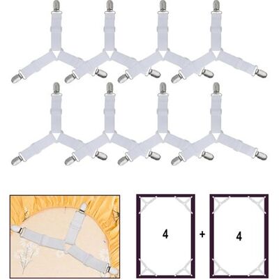 ENLENK Blanc 8-teiliges Bettlaken-set Mit Befestigungen, Verstellbare Elastische Dreiecksgurte Zur Unterstützung Von Spannbettlaken Und Flachbetttüchern, Für Betten, Matratzen, Sofakissen, Tischdecken Und Bü ENLENK Blanc 8-teiliges Bettlaken-set Mit Befestigungen, Verstellbare Elastische Dreiecksgurte Zur Unterstützung Von Spannbettlaken Und Flachbetttüchern, Für Betten, Matratzen, Sofakissen, Tischdecken Und Bü
