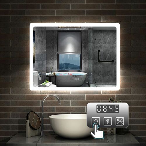 AICA SANITAIRE 70 x 50 cm LED+Beschlagfrei+3 Lichtfarben Dimmbar+Uhr+Bluetooth+Helligkeit Memory Funktion