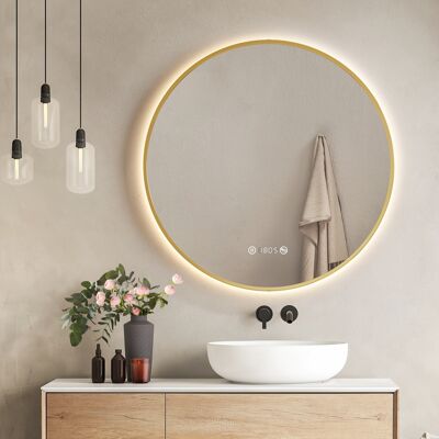 Emke Runder Led Badspiegel 80cm Goldrahmen Mit Antibeschlag, Neutrales Licht, Uhr & Temperaturanzeige, Dimmbar Mit Memory-funktion Emke Runder Led Badspiegel 80cm Goldrahmen Mit Antibeschlag, Neutrales Licht, Uhr & Temperaturanzeige, Dimmbar Mit Memory-funktion