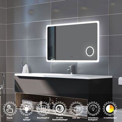 Duschparadies-de - Led Badezimmerspiegel Badspiegel Mit Beleuchtung Wandspiegel Mit Touch, Antibeschlage, 3-fach Lupe, Uhr, 3farbe Dimmbar 2700-6500k, Doppelte Kontrolle Ip44 100x60cm Duschparadies-de - Led Badezimmerspiegel Badspiegel Mit Beleuchtung Wandspiegel Mit Touch, Antibeschlage, 3-fach Lupe, Uhr, 3farbe Dimmbar 2700-6500k, Doppelte Kontrolle Ip44 100x60cm