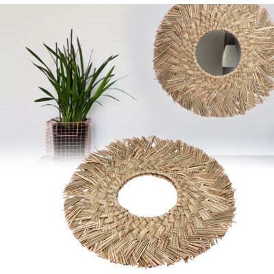 JUTE Dekorativer Wandspiegel Im Nordischen Retro-stil Mit Handgewebter Quaste, Ideal Als Nachttischdekoration, Natürliche Webfarbe JUTE Dekorativer Wandspiegel Im Nordischen Retro-stil Mit Handgewebter Quaste, Ideal Als Nachttischdekoration, Natürliche Webfarbe