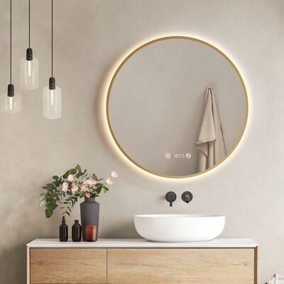 Led Badspiegel Rund Spiegel Mit Beleuchtung Ф70cm Gebürstetem Goldrahmen Led Badezimmerspiegel Mit Touch, Antibeschlage, Uhr, Temperatur, Dimmbar, Memory-funktion Neutrale Beleuchtung Wandspiegel - Emke Led Badspiegel Rund Spiegel Mit Beleuchtung Ф70cm Gebürstetem Goldrahmen Led Badezimmerspiegel Mit Touch, Antibeschlage, Uhr, Temperatur, Dimmbar, Memory-funktion Neutrale Beleuchtung Wandspiegel - Emke