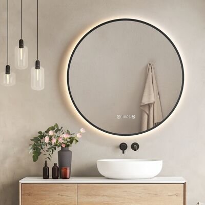 Emke Runder Led Badspiegel 80cm Schwarzer Rand Mit Antibeschlag, Neutrales Licht, Uhr & Temperaturanzeige, Dimmbar Mit Memory-funktion Emke Runder Led Badspiegel 80cm Schwarzer Rand Mit Antibeschlag, Neutrales Licht, Uhr & Temperaturanzeige, Dimmbar Mit Memory-funktion