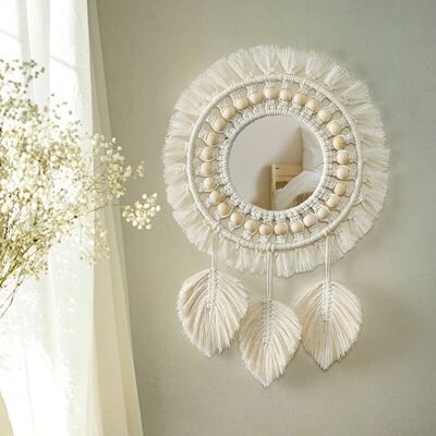 OEM Fransen-wandspiegel Mit Federanhänger Aus Holzperlen, Runder Kunst-wandspiegel Für Schlafzimmer, Flur, Wohnzimmer, Wohndekoration (beige) OEM Fransen-wandspiegel Mit Federanhänger Aus Holzperlen, Runder Kunst-wandspiegel Für Schlafzimmer, Flur, Wohnzimmer, Wohndekoration (beige)