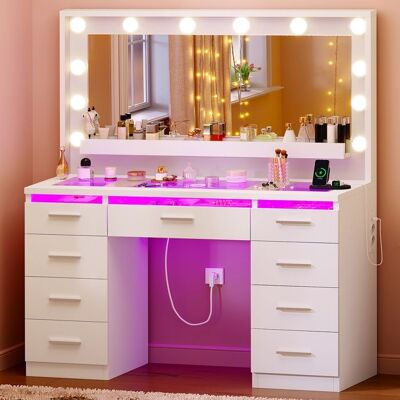 OEM Friseuse - Teenfon Friseuse Groß - Led-spiegel Mit 3 Einstellbaren Farben - 9 Schubladen - Steckdose Und Usb-anschluss OEM Friseuse - Teenfon Friseuse Groß - Led-spiegel Mit 3 Einstellbaren Farben - 9 Schubladen - Steckdose Und Usb-anschluss