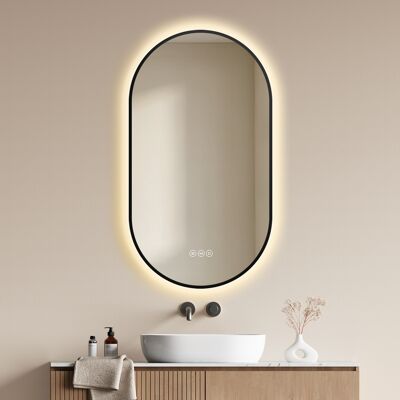 Emke Led Badezimmerspiegel 90 X 50 Cm In Ovaler Kapselform, Badspiegel Mit Beleuchtung, Antibeschlag, Dimmbar, 3 Lichtfarben Schwarz Emke Led Badezimmerspiegel 90 X 50 Cm In Ovaler Kapselform, Badspiegel Mit Beleuchtung, Antibeschlag, Dimmbar, 3 Lichtfarben Schwarz