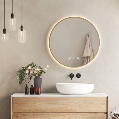 Led Badspiegel Rund Spiegel Mit Beleuchtung Ф60cm Gebürstetem Goldrahmen Led Badezimmerspiegel Mit Touch, Antibeschlage, Uhr, Temperatur, Dimmbar, Memory-funktion Neutrale Beleuchtung Wandspiegel - Emke Led Badspiegel Rund Spiegel Mit Beleuchtung Ф60cm Gebürstetem Goldrahmen Led Badezimmerspiegel Mit Touch, Antibeschlage, Uhr, Temperatur, Dimmbar, Memory-funktion Neutrale Beleuchtung Wandspiegel - Emke