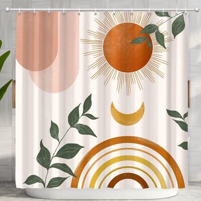 OEM Duschvorhang-set Im Mid-century-boho-stil Orange Mit Naturmotiven In Rosa Und Grün Blätter Und Sonne Modern Und Minimalistisch Inklusive 12 Haken 183 OEM Duschvorhang-set Im Mid-century-boho-stil Orange Mit Naturmotiven In Rosa Und Grün Blätter Und Sonne Modern Und Minimalistisch Inklusive 12 Haken 183