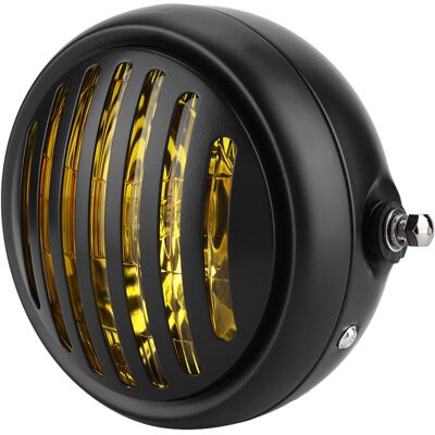 HEAT Retro-motorradscheinwerfer, Schwarzer Rahmen, Frontgrill, Universalscheinwerfer, Fernlicht, Gelbe Linse HEAT Retro-motorradscheinwerfer, Schwarzer Rahmen, Frontgrill, Universalscheinwerfer, Fernlicht, Gelbe Linse