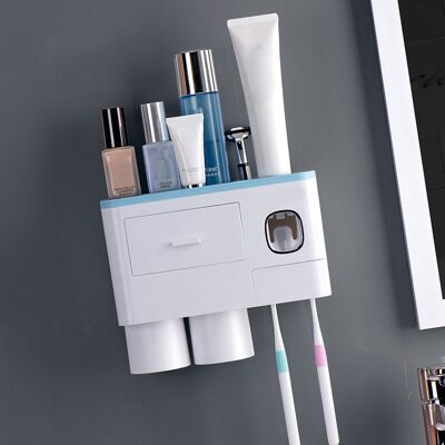 HEAT Aufbewahrungsständer Für Umgedrehte Magnetische Zahnbürsten, Mit Tubenausdrücker Für Zahnpasta Und 2 Blauen Bechern. HEAT Aufbewahrungsständer Für Umgedrehte Magnetische Zahnbürsten, Mit Tubenausdrücker Für Zahnpasta Und 2 Blauen Bechern.