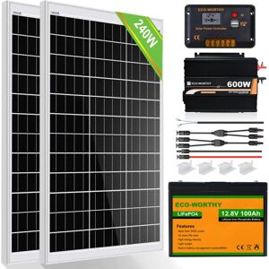 Eco-worthy - 240W Solarpanel Kit solaranlage komplettset 1 kWh/Tag: 2pcs 120W Mono Solarpanel + 100Ah 12V LiFePO4 Lithium Batterie + 600W
