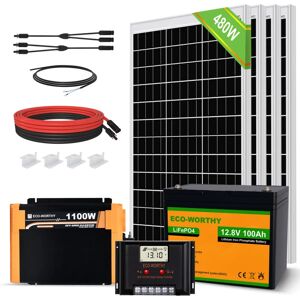 ECO-WORTHY 2kWh Solaranlage komplettset 480W 12V mit Batterie netzunabhängig für Wohnmobil: 4 Stücke 120W Solarmodul + 60A Laderegler + 1 Stücke 100Ah