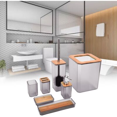 JUTE 7-teiliges Badezimmer-set Aus Bambus Und Holz, Inklusive Abfalleimer Und Toilettenartikeln, Grau JUTE 7-teiliges Badezimmer-set Aus Bambus Und Holz, Inklusive Abfalleimer Und Toilettenartikeln, Grau